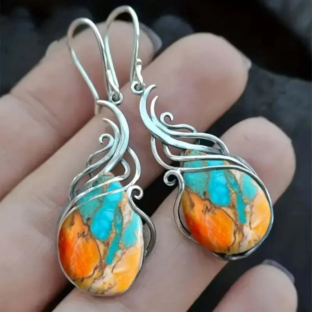 Blue And Orange Gemstone Drop Earrings