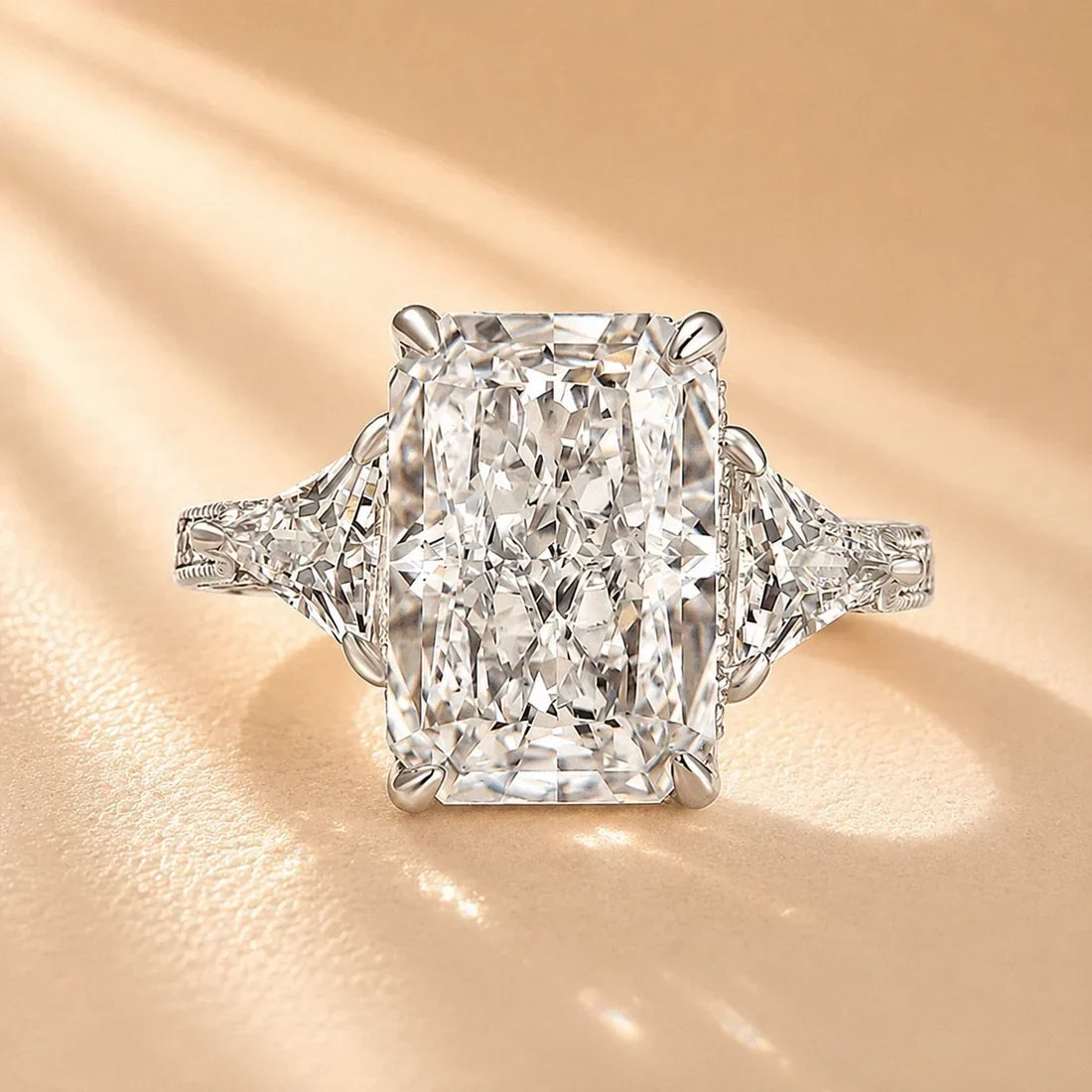 Radiant Cut Three Stone Hidden Halo Engagement Ring