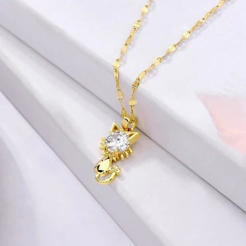 Gold Platted Cat Necklace with Zircon
