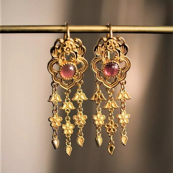 Vintage Earrings with Gold and Red Stone Pendant