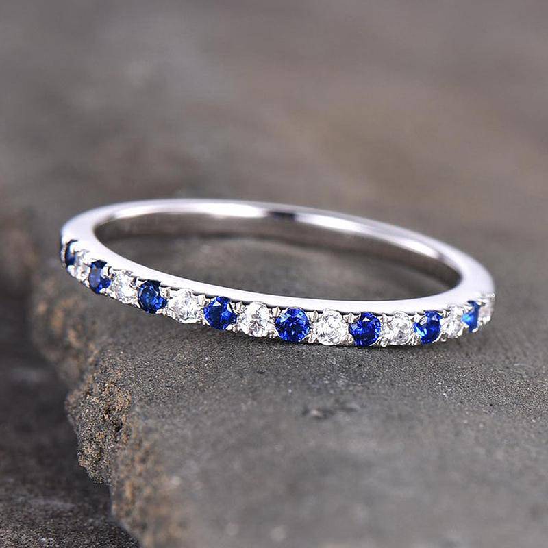 Round Cut Half Eternity Blue and White Sapphire Wedding Ring