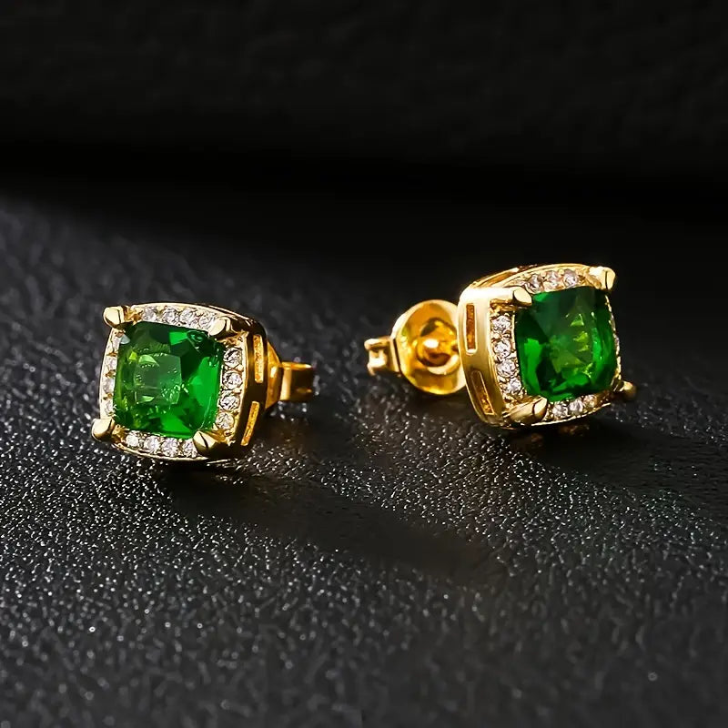 Gold Emerald Halo Stud Earrings