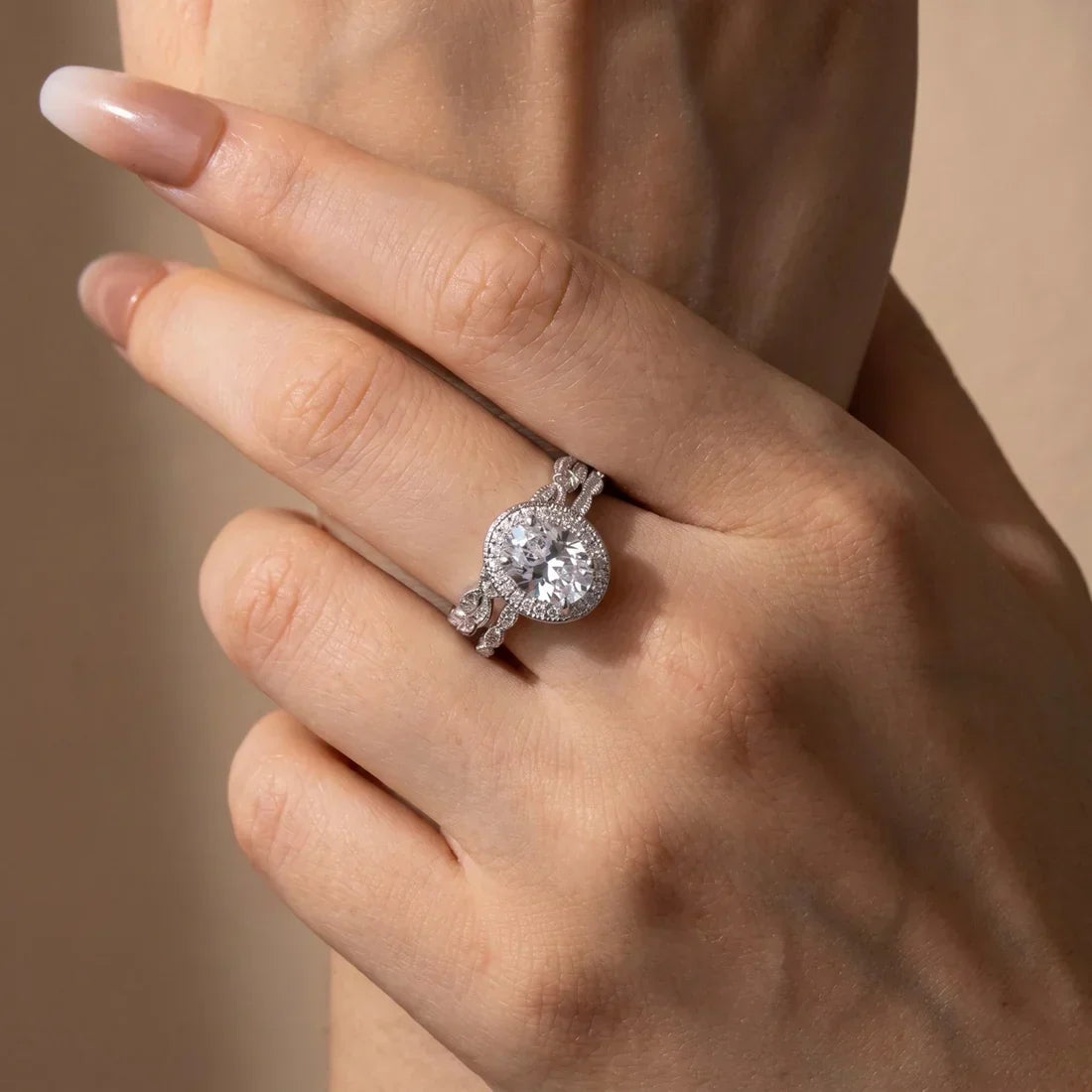 Leaf & Vine Art Deco Halo Oval Cut Ring Set