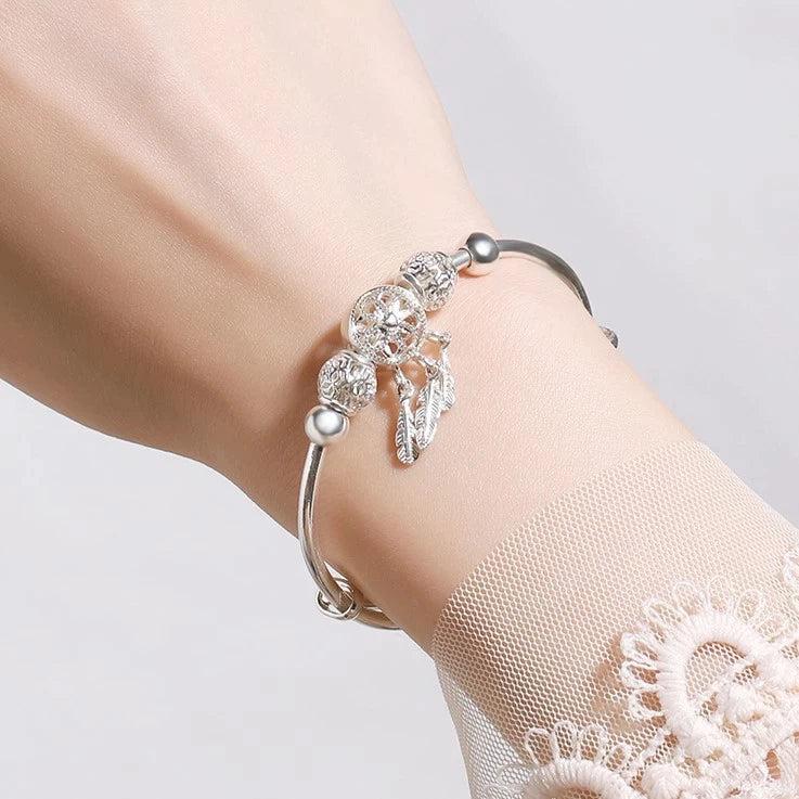 Adjustable Bracelet with Triple Leaf Charms Made of 925 Sterling Silver