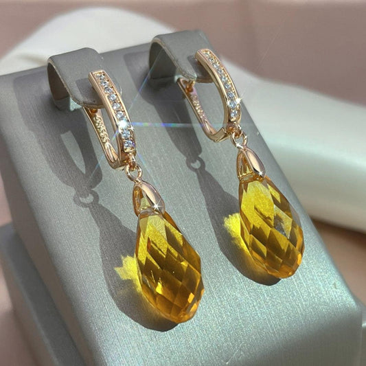 Yellow Crystal Drop Earrings in Gold
