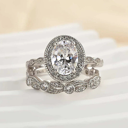 Leaf & Vine Art Deco Halo Oval Cut Ring Set