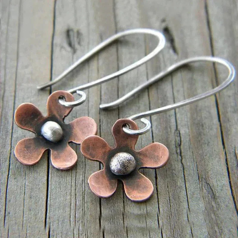 Boho Earrings with Brown Flower Made of Sterling Silver