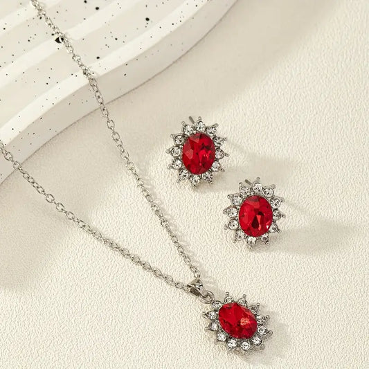 Silver Ruby Floral Jewelry Set