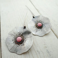 Vintage Earrings with Silver Flower Petals and Red Stone