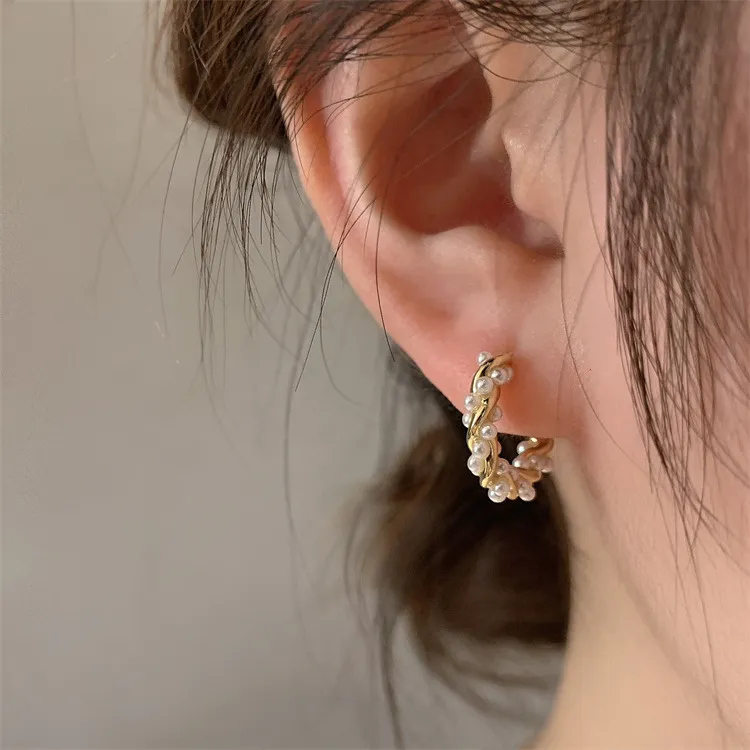 Elegant Round Pearl Earrings with Inlays
