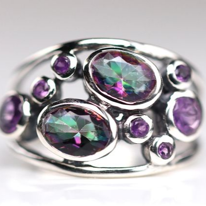Ring with Inlays of Colorful Crystal in Vintage Silver