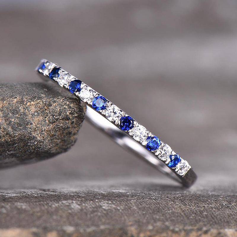 Round Cut Half Eternity Blue and White Sapphire Wedding Ring