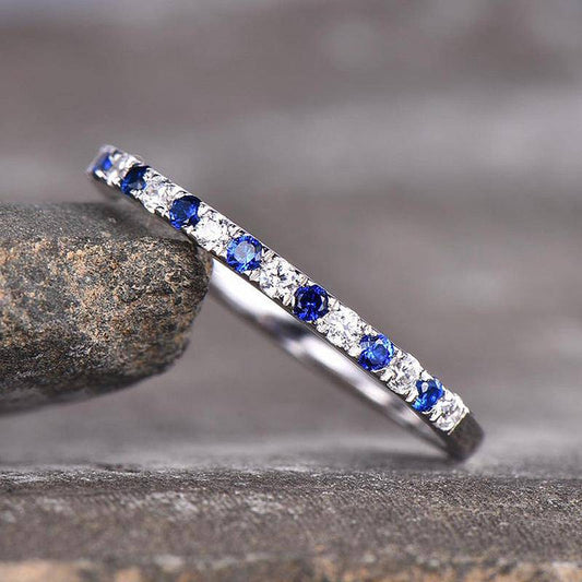 Round Cut Half Eternity Blue and White Sapphire Wedding Ring