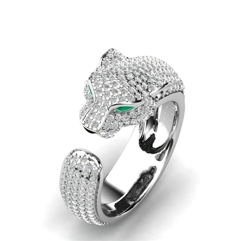 Adjustable Jaguar Ring Made of 18K Silver and 18K Rose Gold with Green Zirconia Eyes
