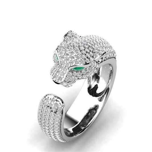 Adjustable Jaguar Ring Made of 18K Silver and 18K Rose Gold with Green Zirconia Eyes