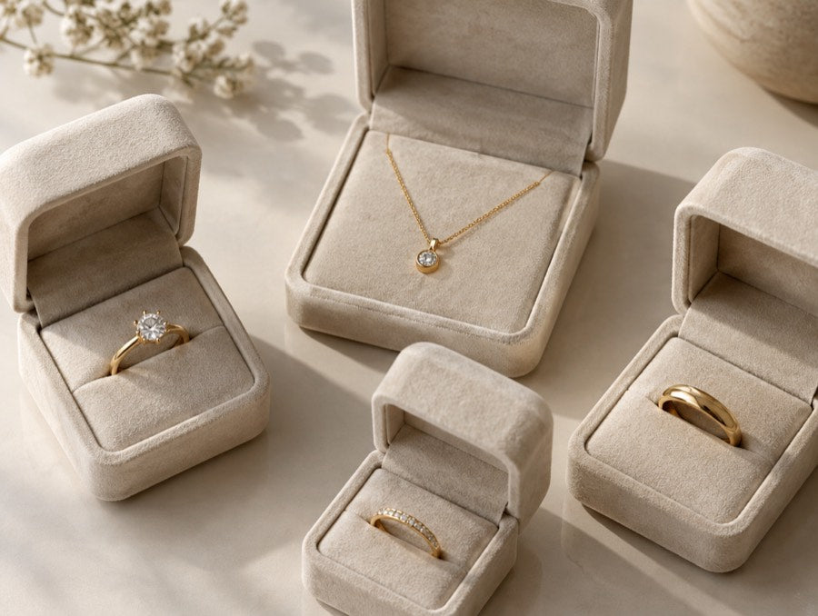Five open velvet jewellery boxes holding gold rings and a pendant necklace